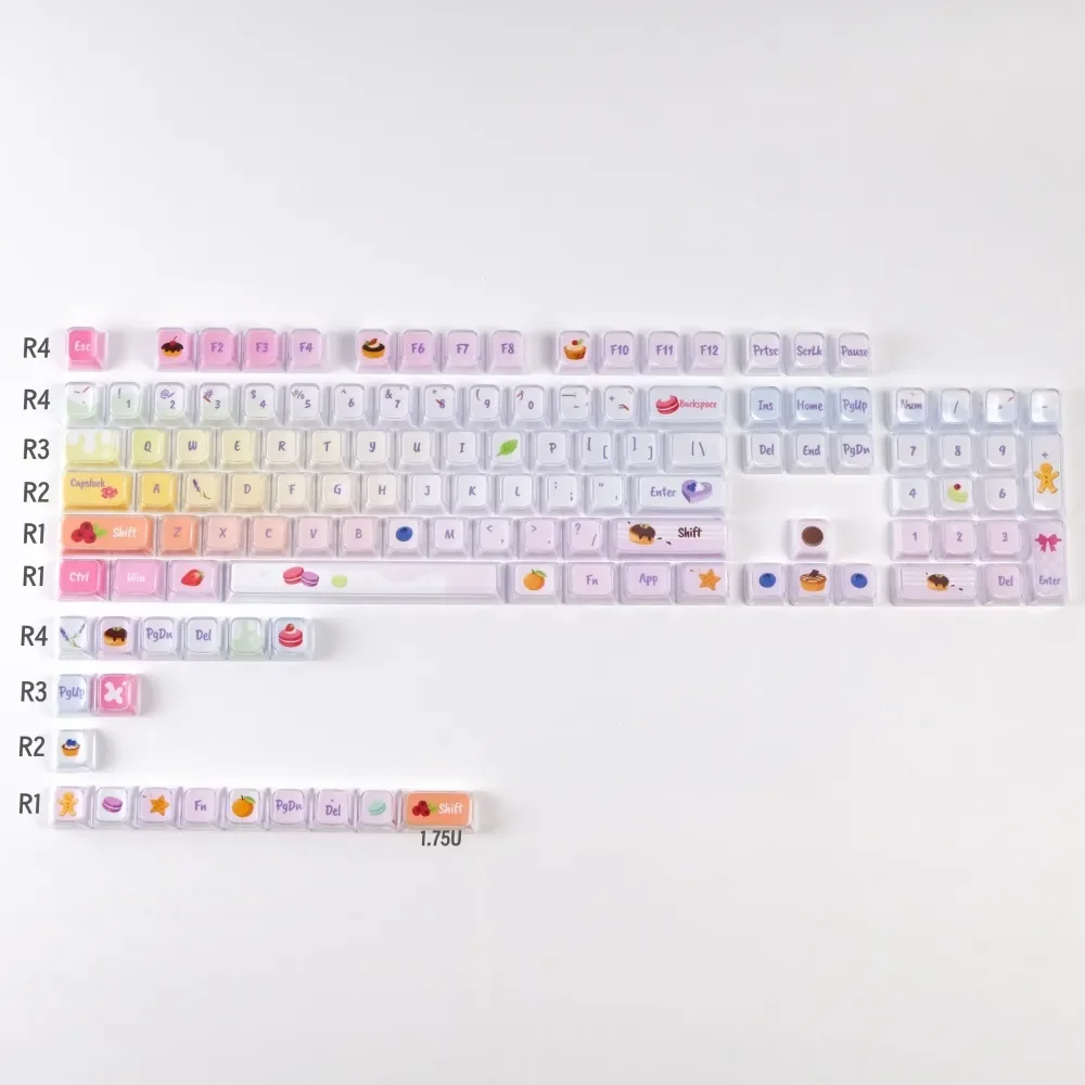 Whimsical luminous Macaron Keycap set showcasing sparkling crystal jelly gradients. These pastel keycaps brighten any mechanical keyboard setup.