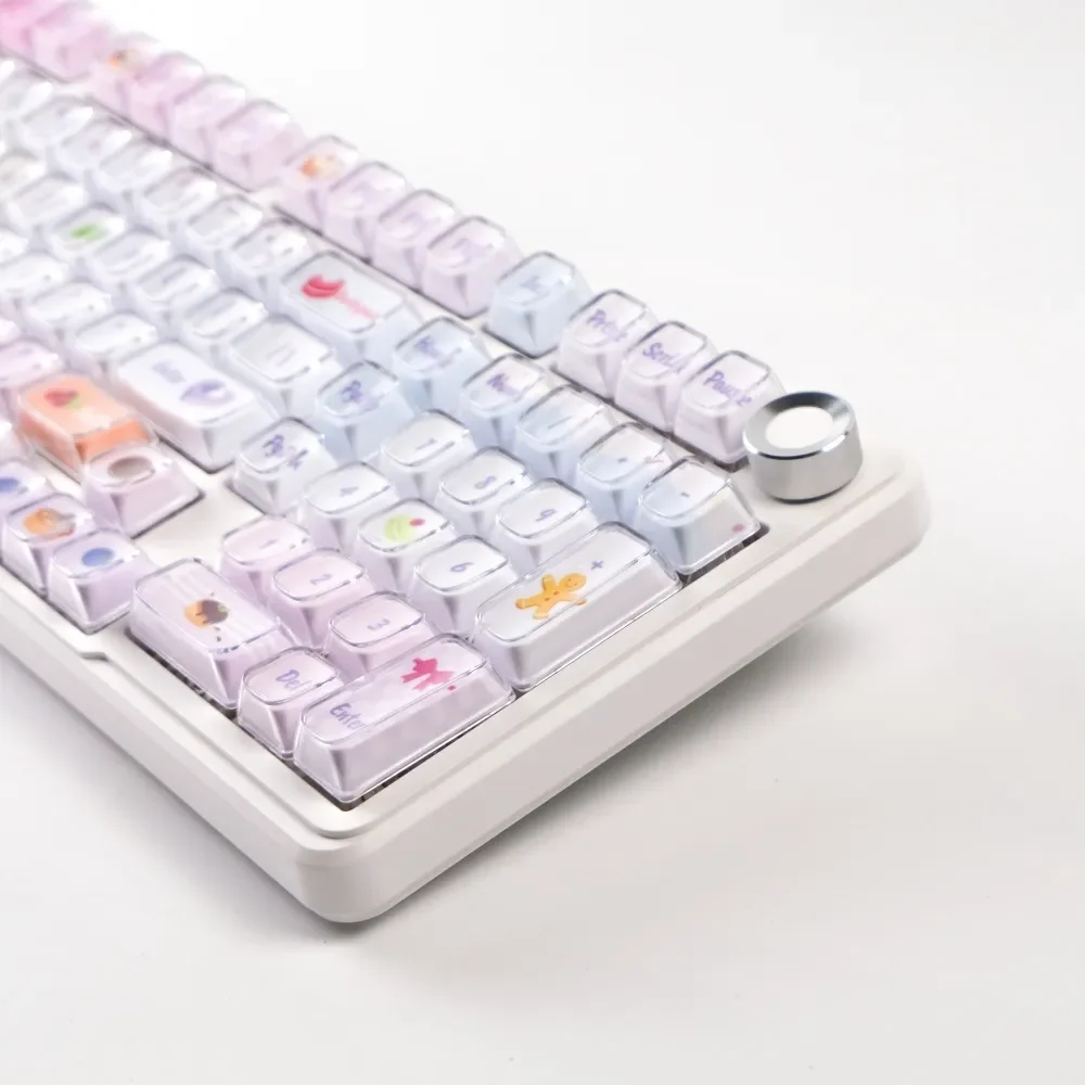 Whimsical Luminous Macaron Crystal Jelly Gradient Keycaps Set for mechanical keyboards, featuring sparkling pastel colors and a translucent finish.