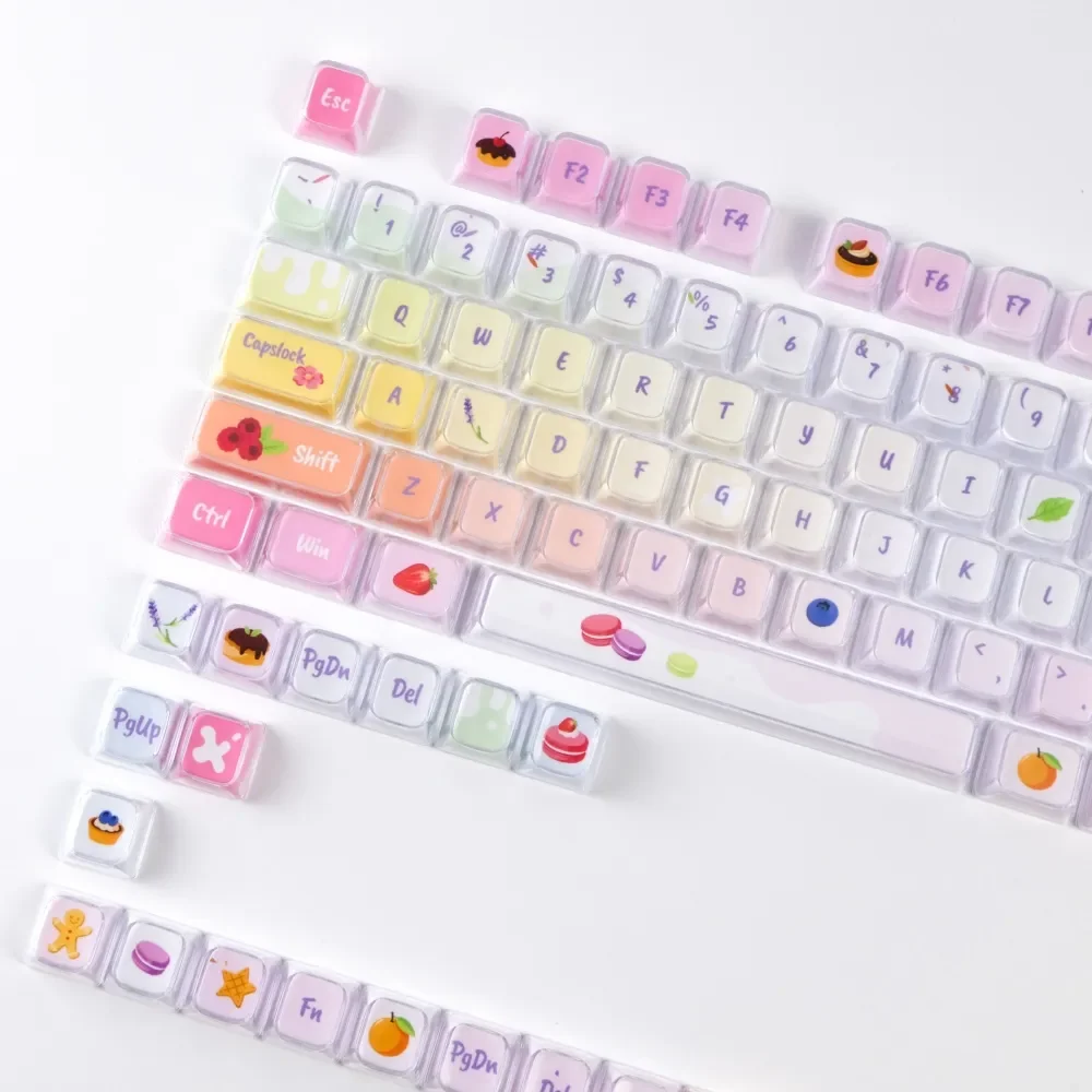 Whimsical luminous Macaron crystal jelly gradient keycaps set for mechanical keyboards, showcasing their sparkling pastel translucency from various angles.