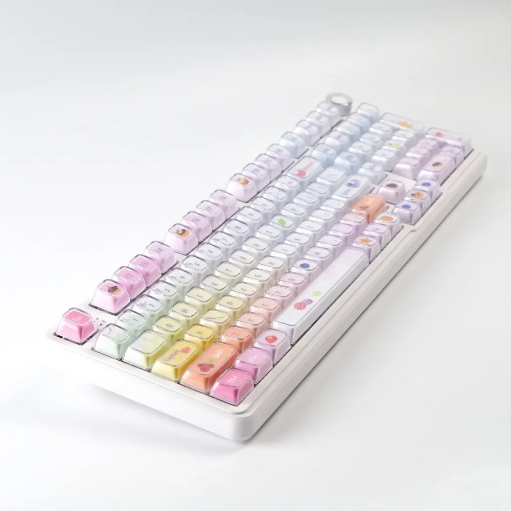 Collection of Luminous Macaron Crystal Jelly Gradient Keycaps Set, displaying their whimsical pastel hues and sparkling translucent finish from various angles.