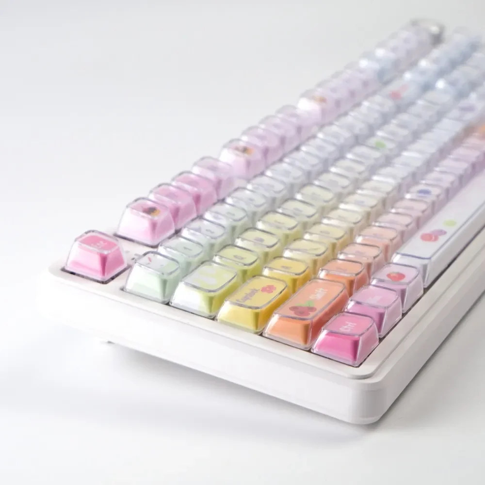 Luminous Macaron Crystal Jelly Gradient keycaps set for mechanical keyboards, displaying their playful pastel colors and sparkling translucent design.