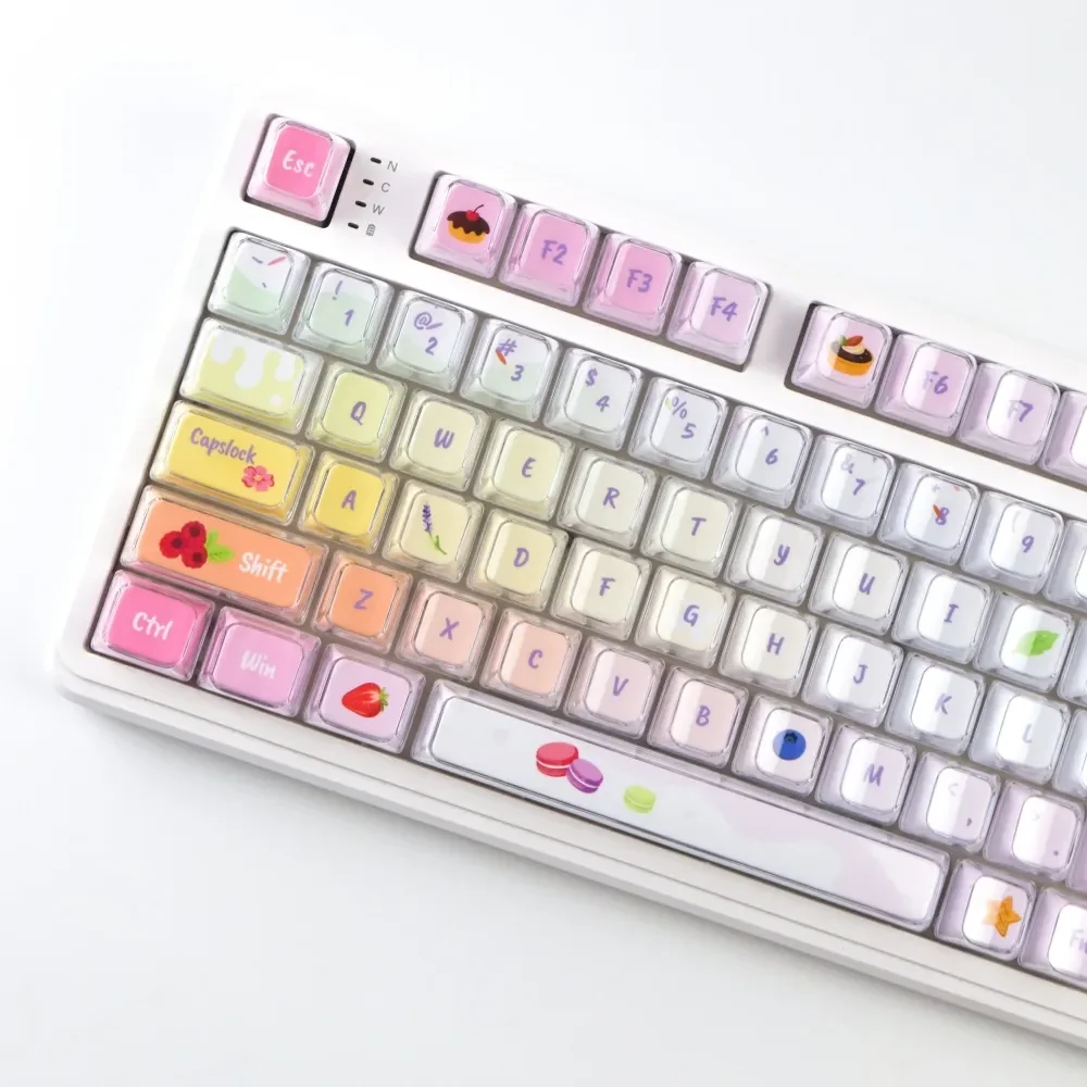 Playful gallery showcasing luminous macaron crystal jelly gradient keycaps set, highlighting their sparkling translucent finish from various angles.