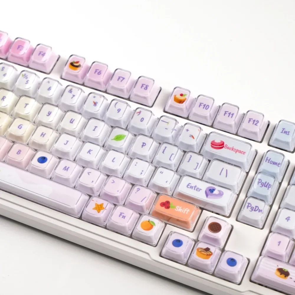 A gallery of Luminous Macaron Crystal Jelly Gradient Keycaps Set for mechanical keyboards, showing whimsical pastel colors and sparkling translucent design.