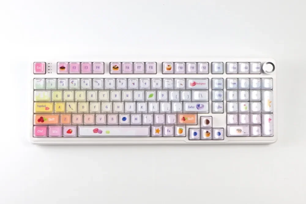 Luminous macaron crystal jelly gradient keycaps set display their whimsical pastel colors and sparkling translucence for mechanical keyboards.