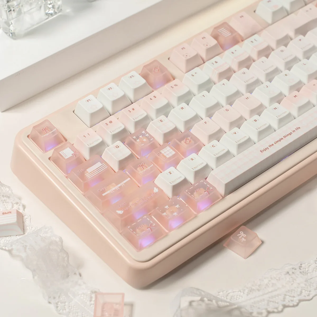 Unique angle of the Magical Ethereal Frosted Translucent Keycap Set, revealing its artistic foggy design with elegant diffused light, perfect for custom keyboard.