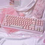 A collection of ethereal shimmering translucent magnetic keycaps set, showcasing their jade-inspired elegance from various angles and under different selection.