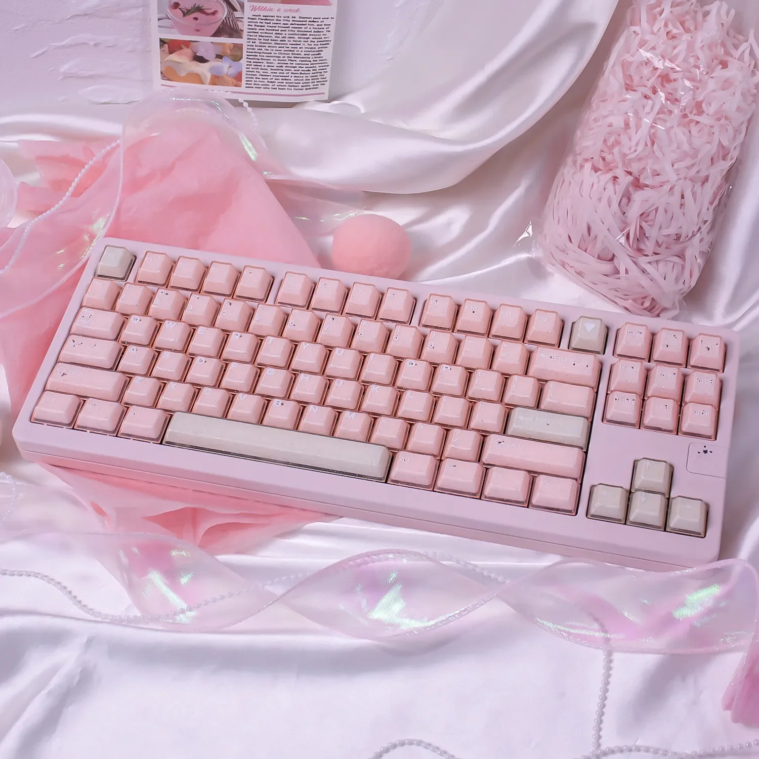 A collection of ethereal shimmering translucent magnetic keycaps set, showcasing their jade-inspired elegance from various angles and under different selection.