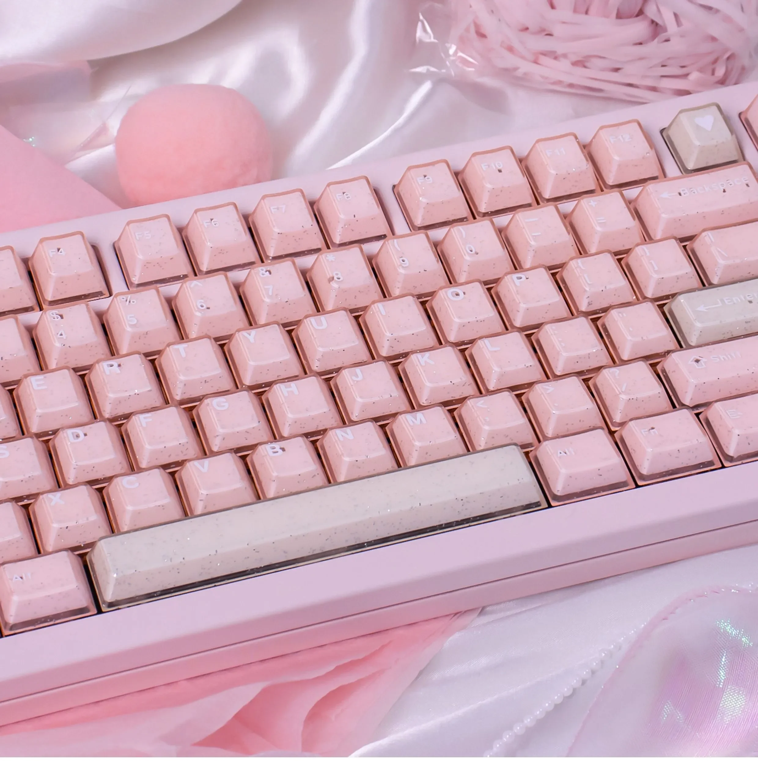 Full set of ethereal shimmering translucent magnetic keycaps set, showcasing their captivating jade elegance and glittering semi-transparent design.