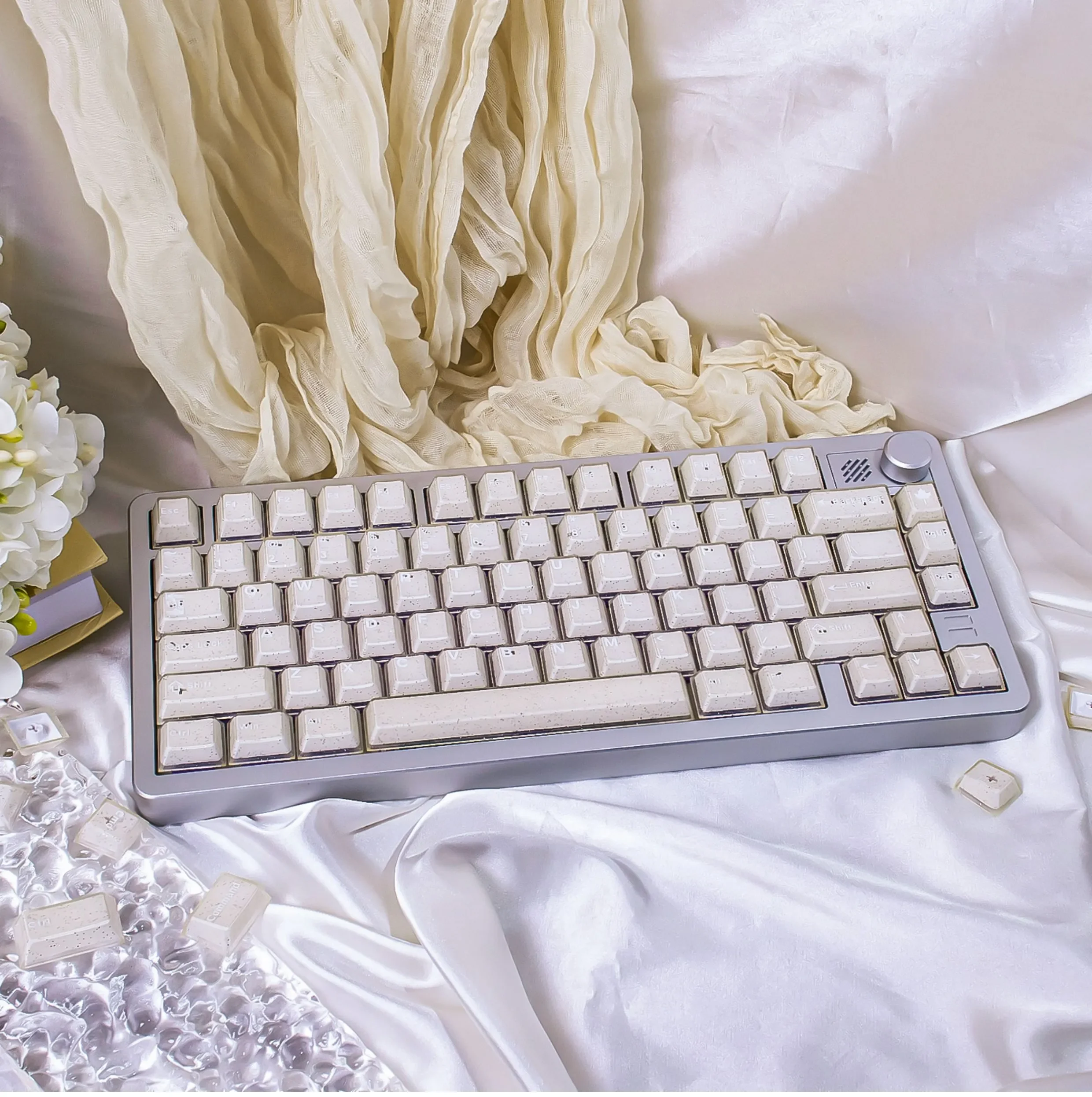 Gallery view of Ethereal Shimmering Translucent Magnetic Keycaps Set, revealing their jade-like PBT+PC brilliance, glittering finish, and crystal-clear design.