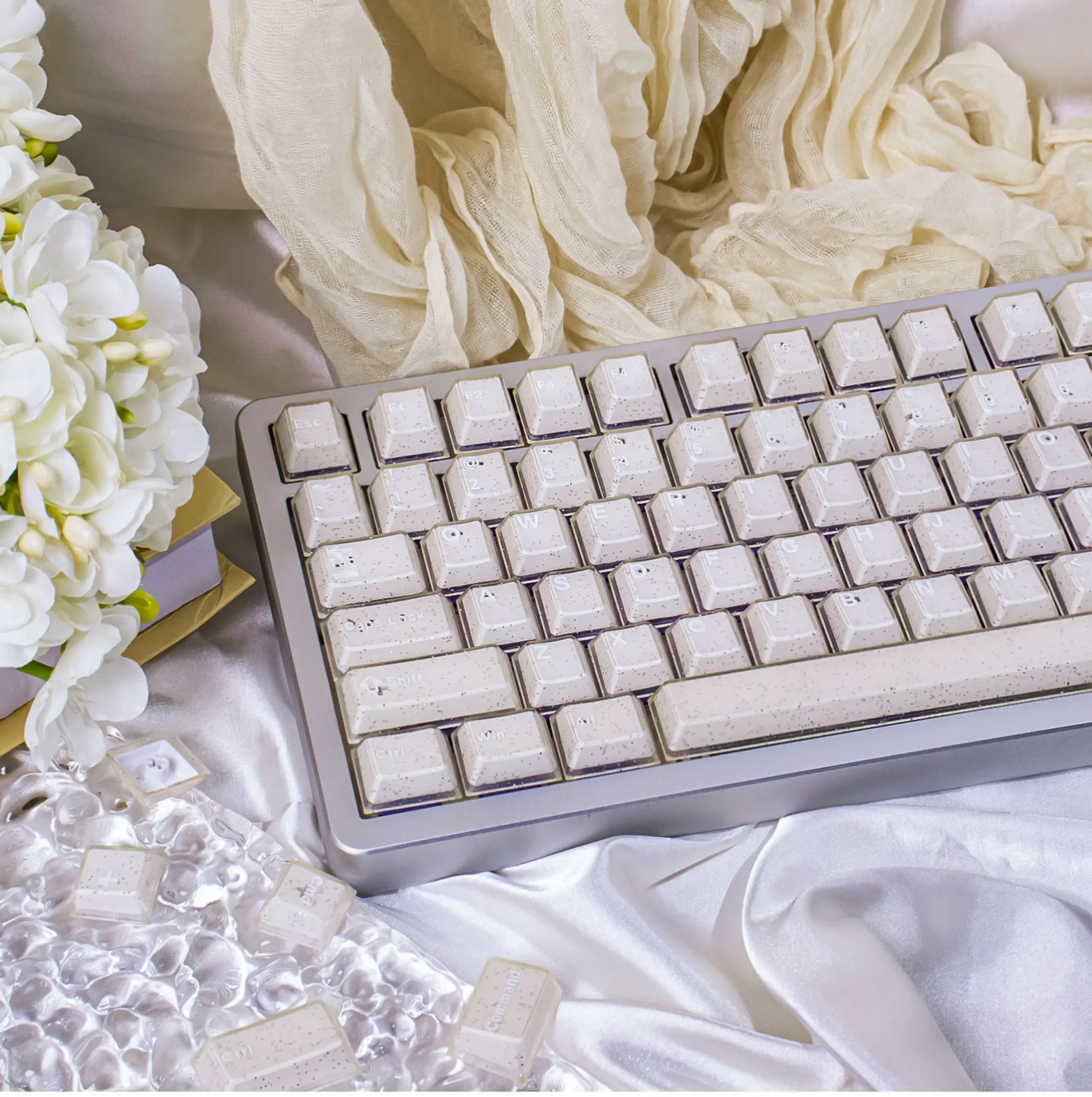 A collection of ethereal shimmering translucent magnetic keycap set, highlighting their unique jade-like glow and premium PBT+PC texture from various design.