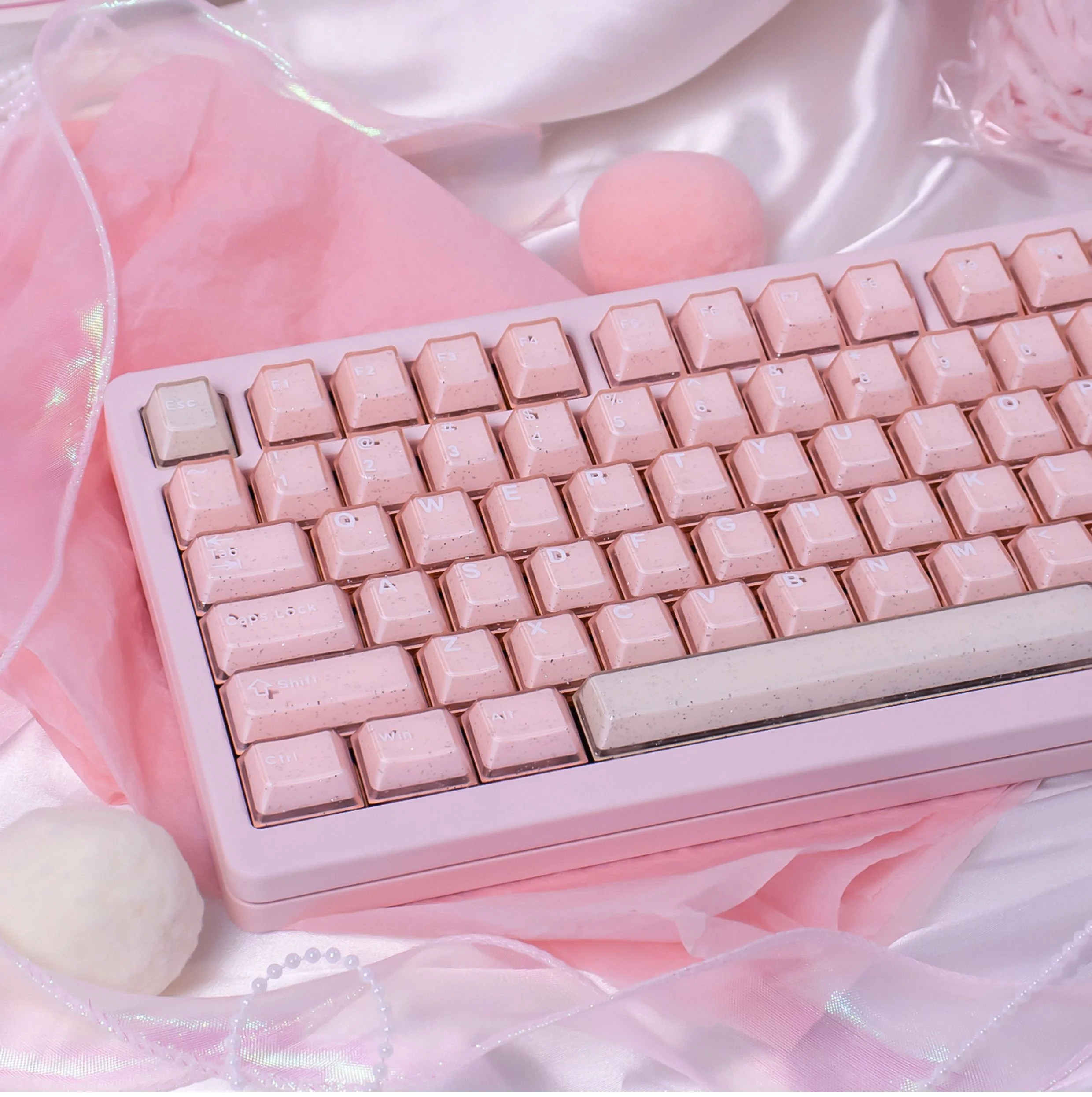 Ethereal Shimmering Translucent Magnetic Keycaps full set, presented from various angles, revealing their glittering jade elegance and crystal design.