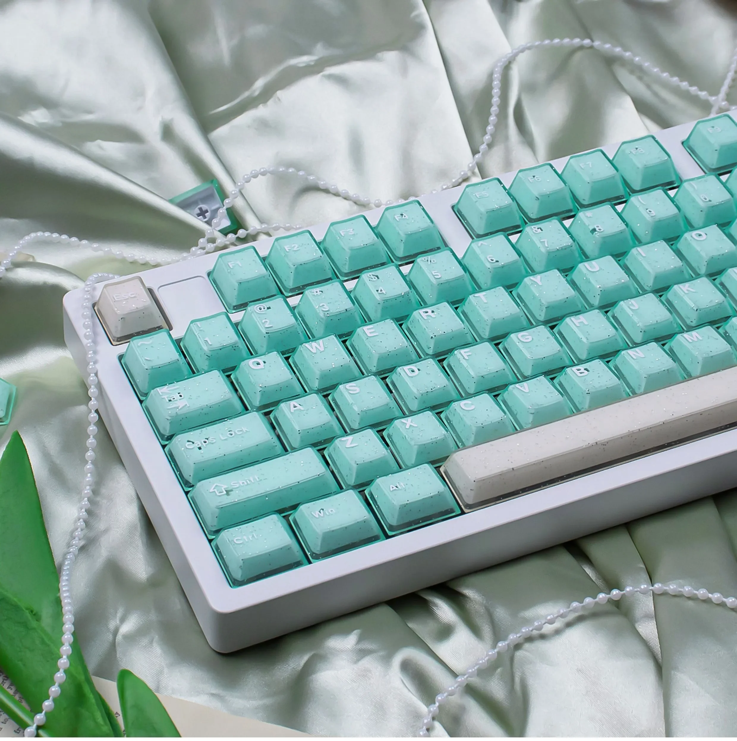 An exquisite gallery showcasing Ethereal Shimmering Translucent Magnetic Keycaps Set from various angles, highlighting their unique jade elegance.