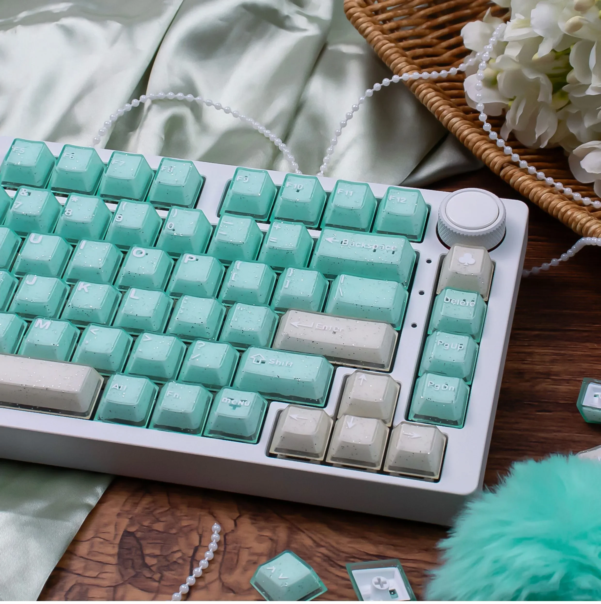 An exquisite full set of Ethereal Shimmering Translucent Magnetic Keycaps Set, showcasing their jade-inspired glow and premium PBT+PC craftsmanship.