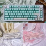 Main display of ethereal shimmering translucent magnetic keycaps set, evoking jade and crystal. Highlights their captivating glow.