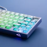 Gallery view of ethereal frosted PC magnetic keycaps set, highlighting their translucent white glow and rebellious gothic contours.