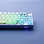 Gallery views of Ethereal Translucent White Frosted PC Magnetic Keycaps Set, highlighting gothic contours and seamless magnetic switch compatibility.