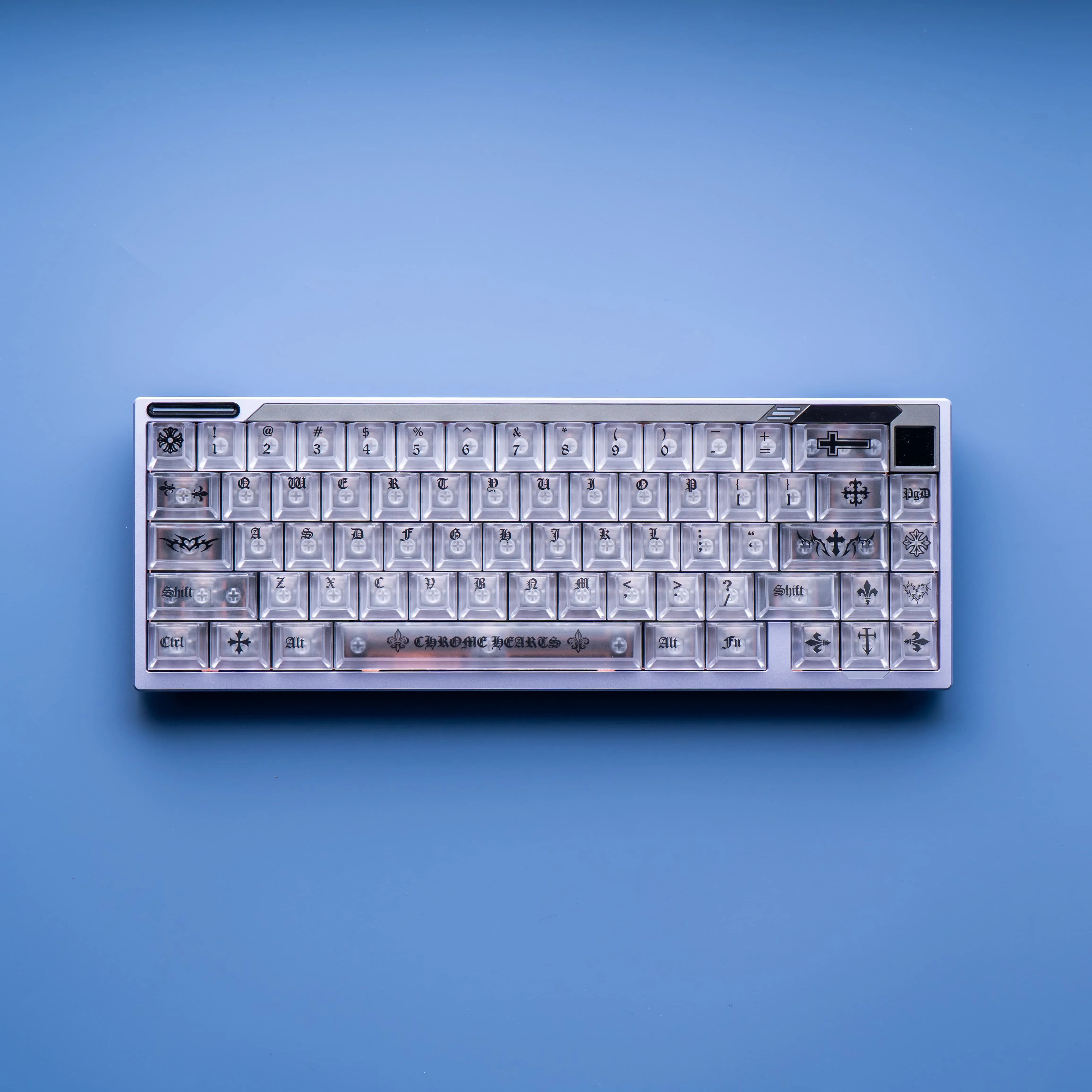 Ethereal translucent white frosted PC magnetic keycaps set features gothic contours and magnetic switch compatibility for a premium keyboard.