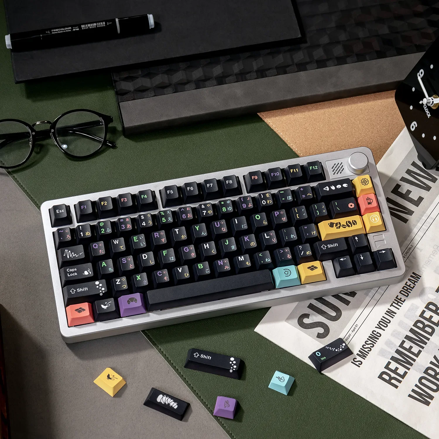 Sophisticated black afternoon tea magnetic switch keycaps set PBT dye-sublimated set from various elegant angles, highlighting custom fit quality.