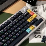 Sophisticated black PBT dye-sublimated magnetic switch keycaps set. Gallery features custom fit, elegant afternoon tea design, and premium quality.