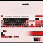 Close-up of the exclusive Makima Chainsaw Man PBT backlit keycap set, showcasing the vibrant translucent character art with dark anime aesthetics glowing setup.