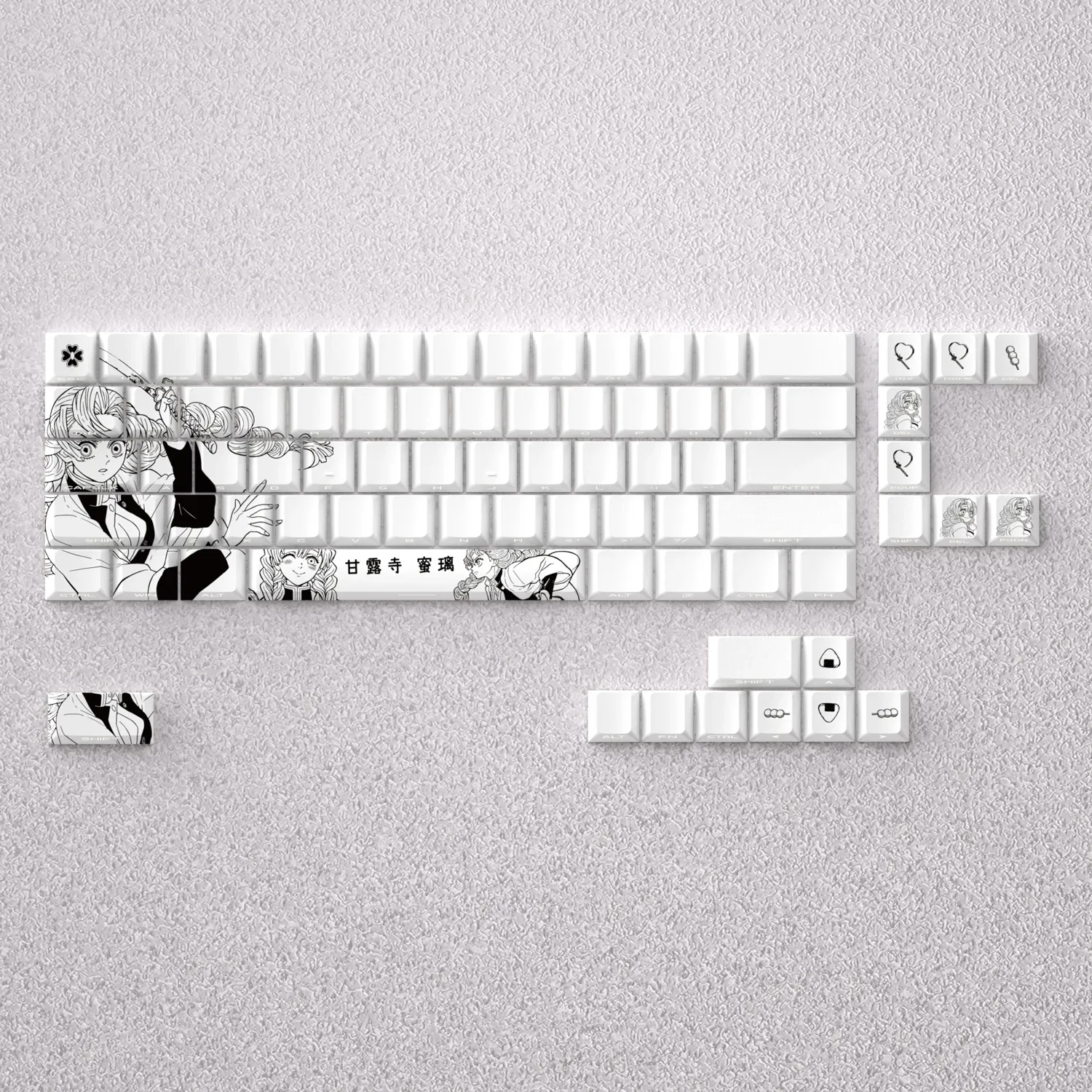 Vibrant Mitsuri Kanroji keycaps set, an exclusive Demon Slayer Love Hashira keyboard set, showcasing artistic anime character art and iconic colors.
