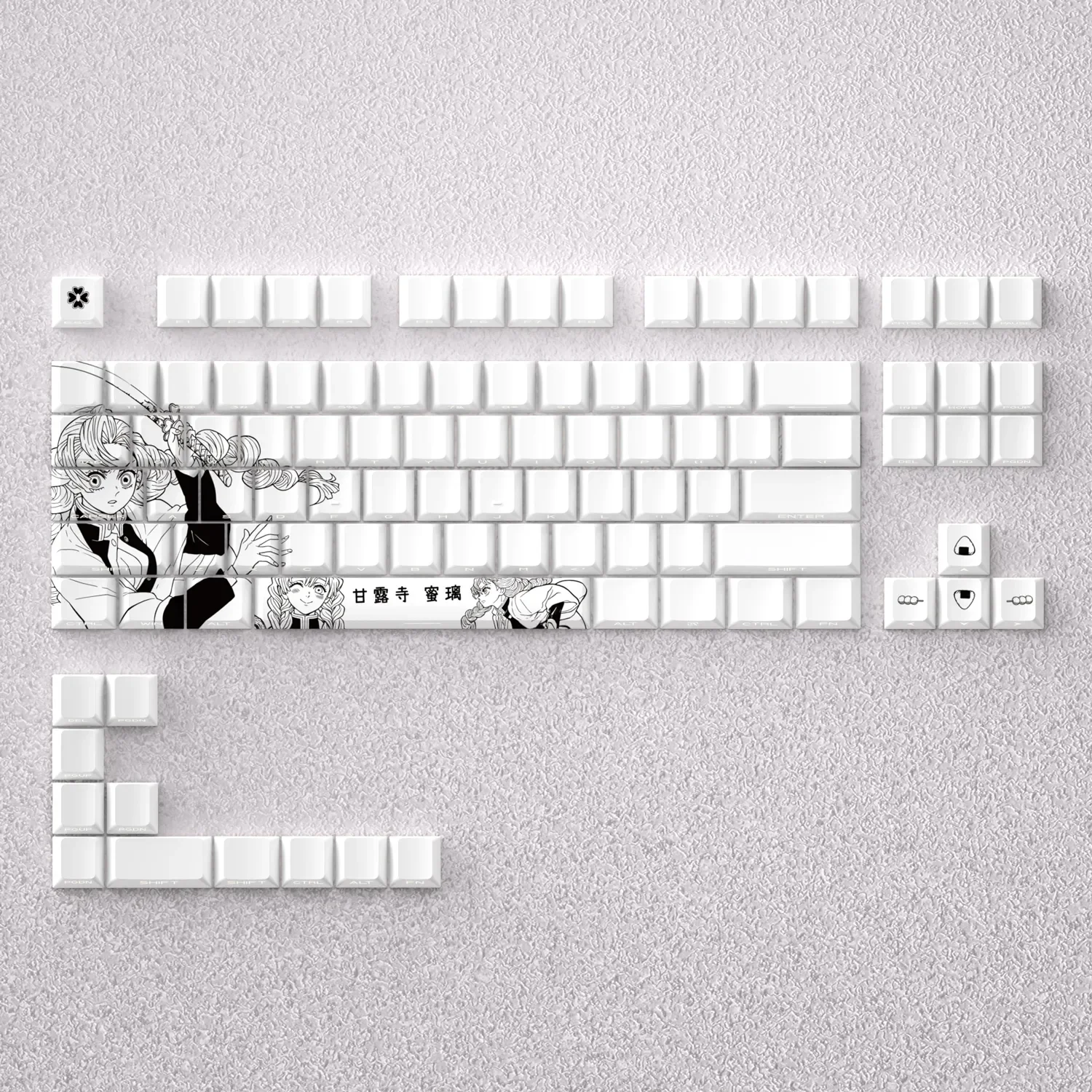 Vibrant Mitsuri Kanroji keycaps set featuring exclusive Demon Slayer Love Hashira art, ideal for a unique and artistic custom keyboard setup.
