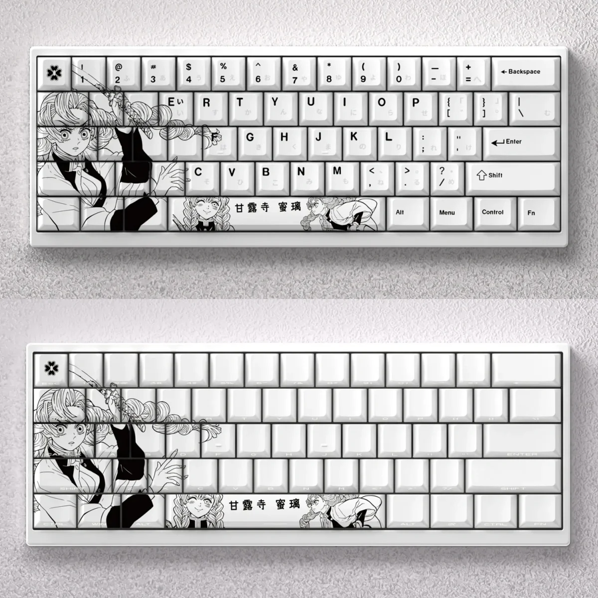 Exclusive Mitsuri Kanroji keycaps set showcasing vibrant Demon Slayer Love Hashira anime art, perfectly capturing her iconic colors and motifs.