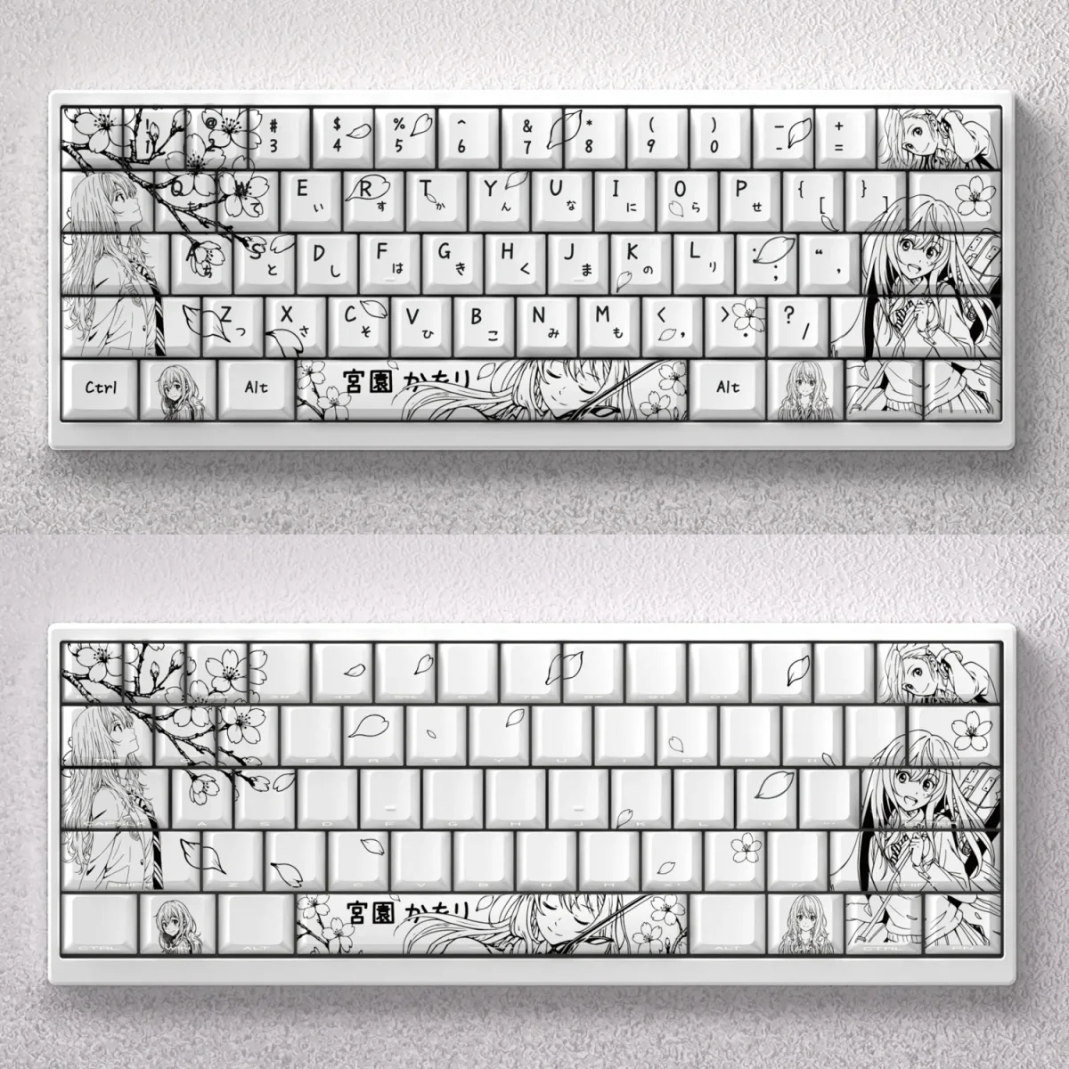 Monochrome Kaori Miyazono anime keycaps set featuring a detailed black and white line art style, perfect for personalizing mechanical keyboards.