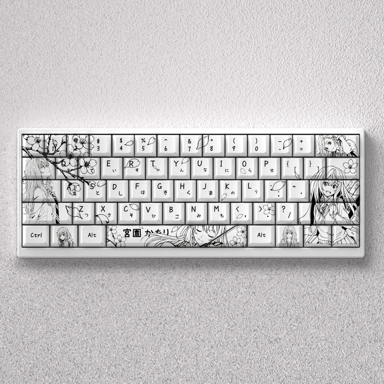 Exquisite black and white PBT keycaps set featuring Kaori Miyazono from the anime Your Lie in April in a captivating line art style.