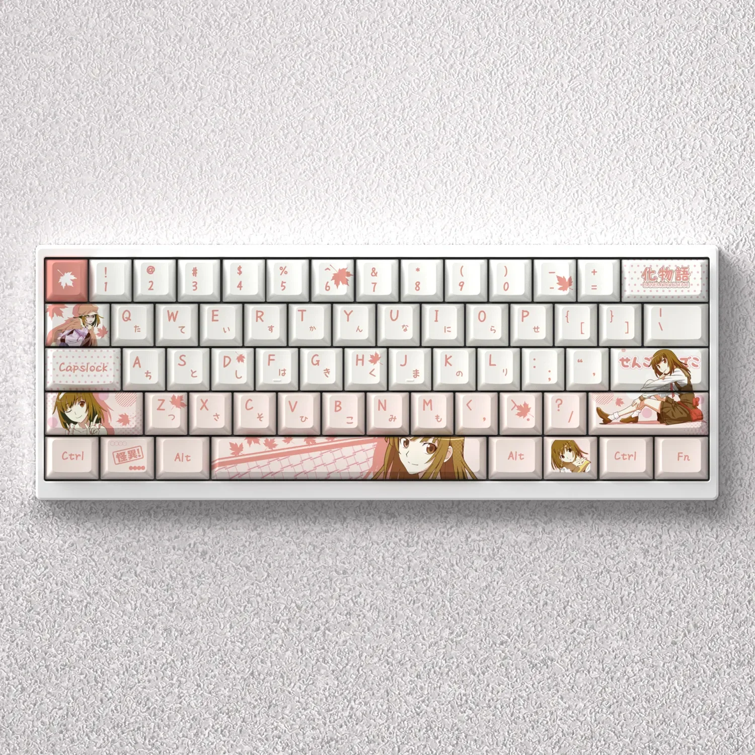 Monogatari Keycaps set showcasing Nadeko Sengoku PBT dye-sub design from various angles, highlighting the elegant anime character art.