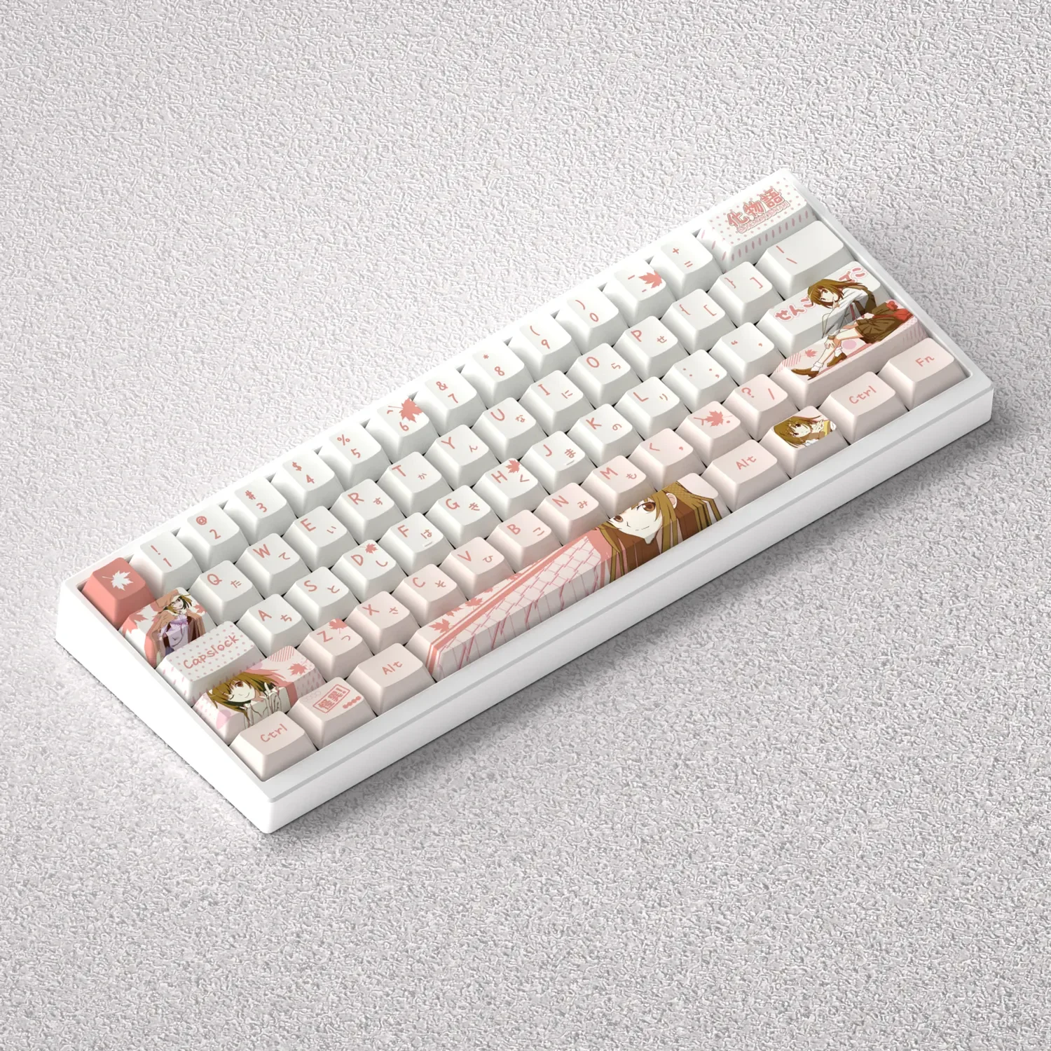 Monogatari Keycaps Set: Nadeko Sengoku PBT dye-sub gallery. Elegant anime art, monochromatic design, and premium PBT texture from many angles.