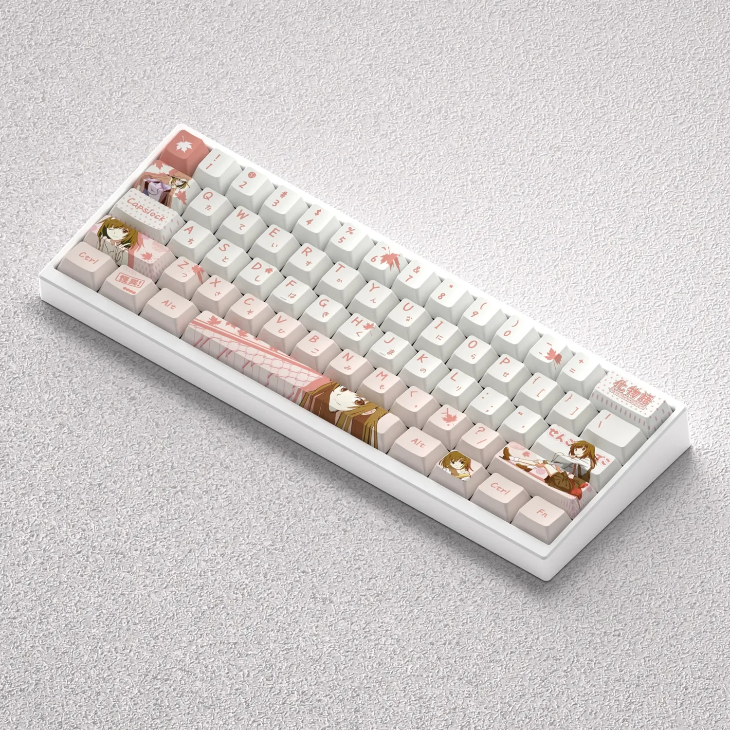 Gallery of Monogatari Keycaps set featuring Nadeko Sengoku, showcasing the exclusive PBT dye-sub artistry and durable texture from various angles.