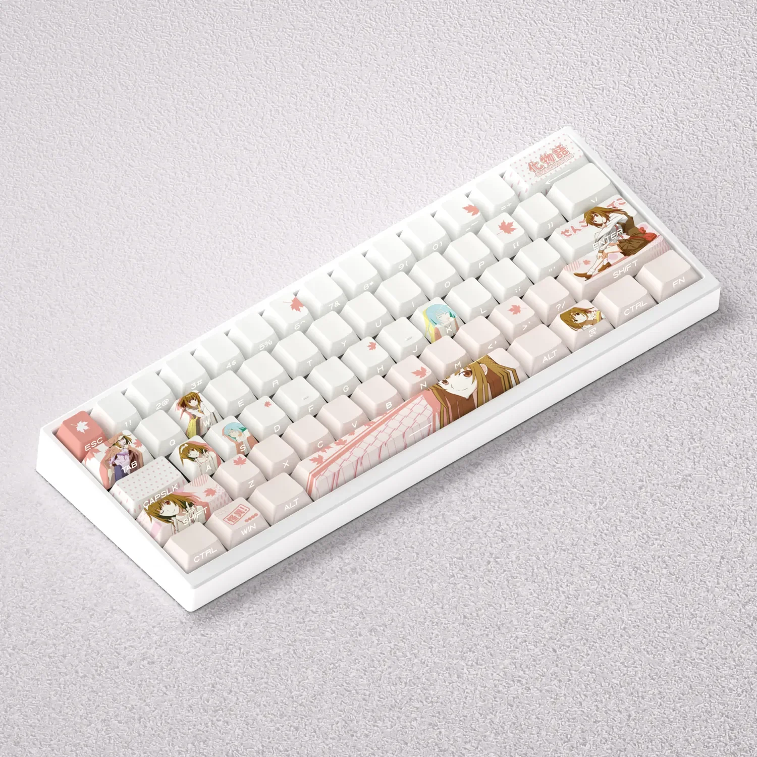 Gallery of exclusive Monogatari Nadeko Sengoku PBT dye-sub keycaps set, showcasing elegant monochromatic anime artistry and durable texture.