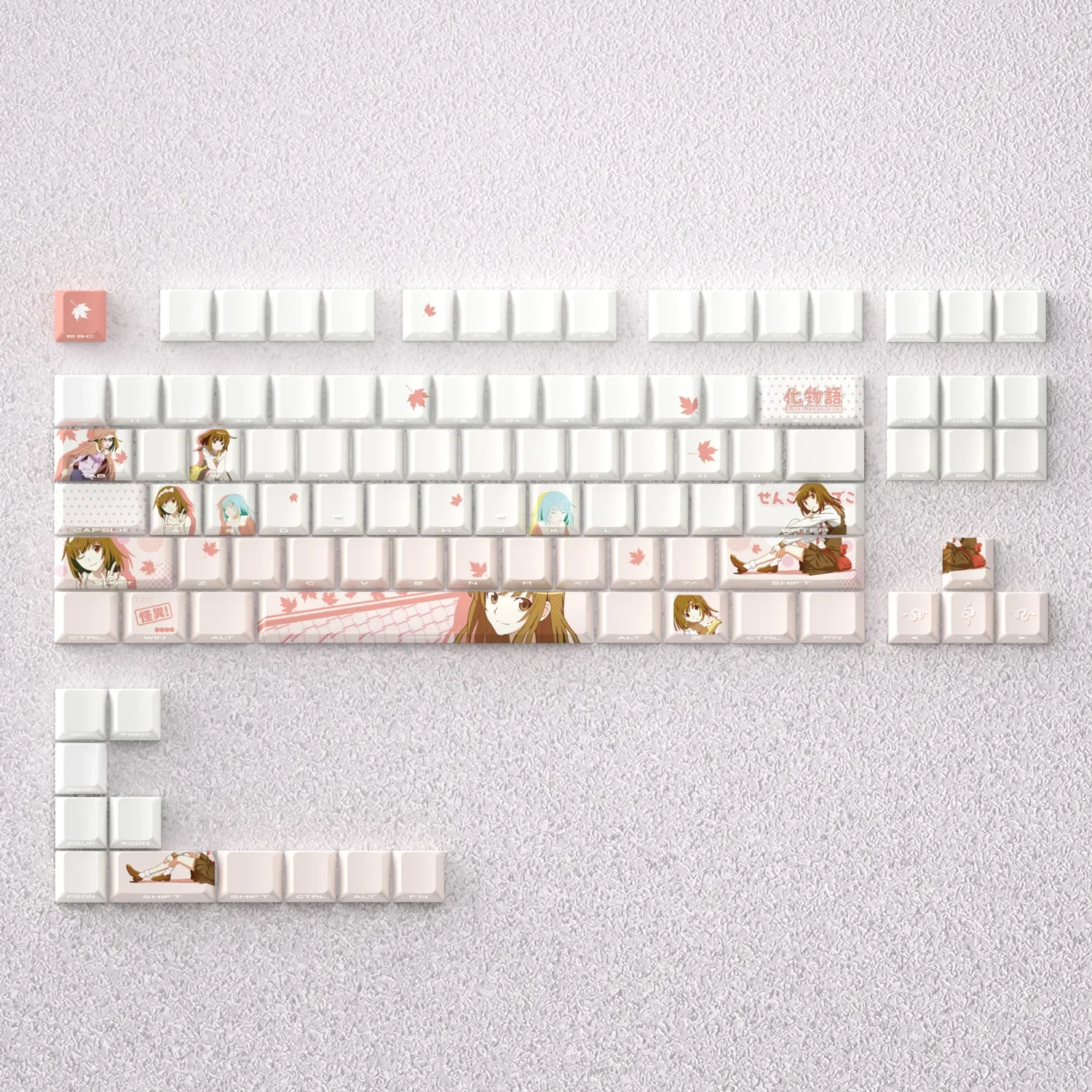 Monogatari Keycaps Set: Nadeko Sengoku PBT dye-sub custom keycap set, featuring elegant anime art and durable PBT texture.