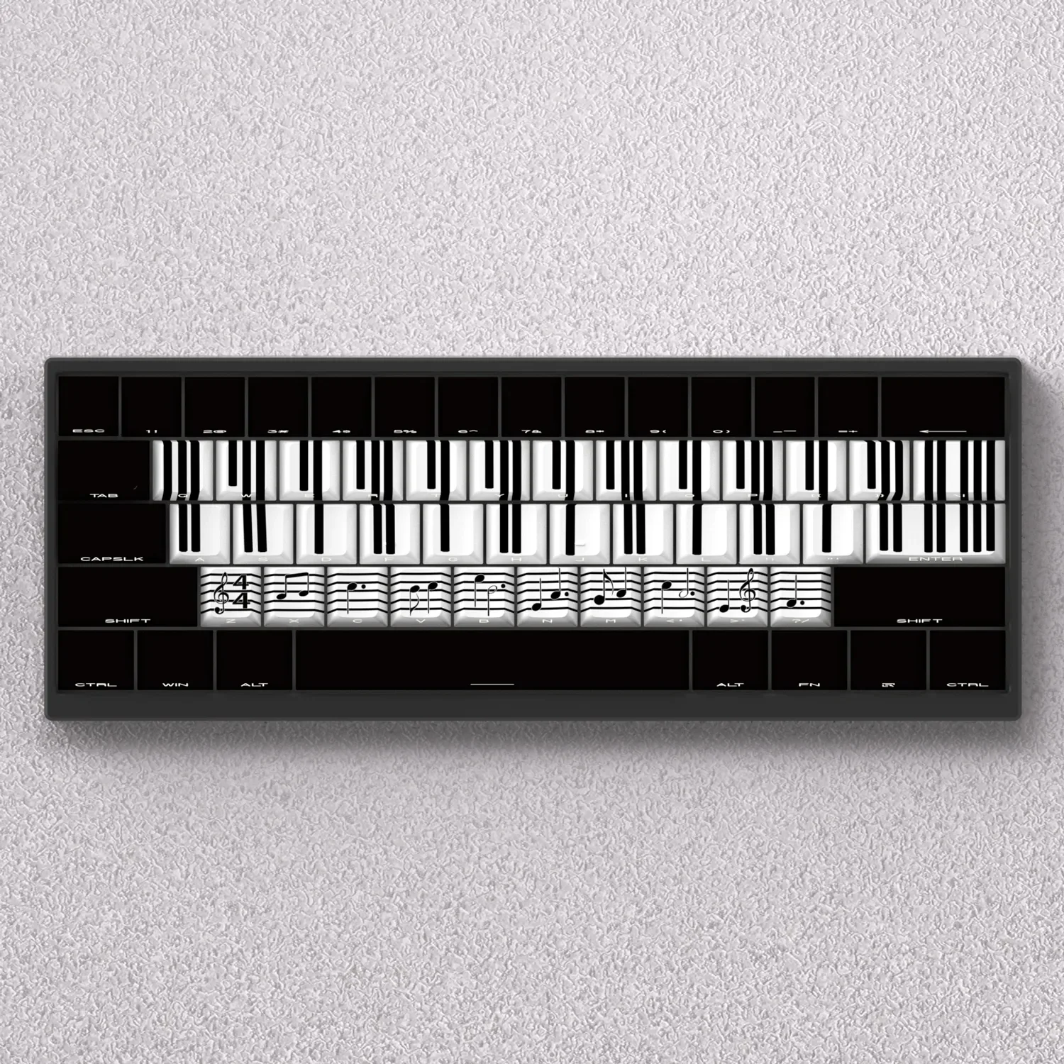 Ethereal Castle in the Sky Musical Note Cherry Keycap Set, showcasing iconic piano key designs and vibrant side-lit PBT keys for a musical artistic feel.