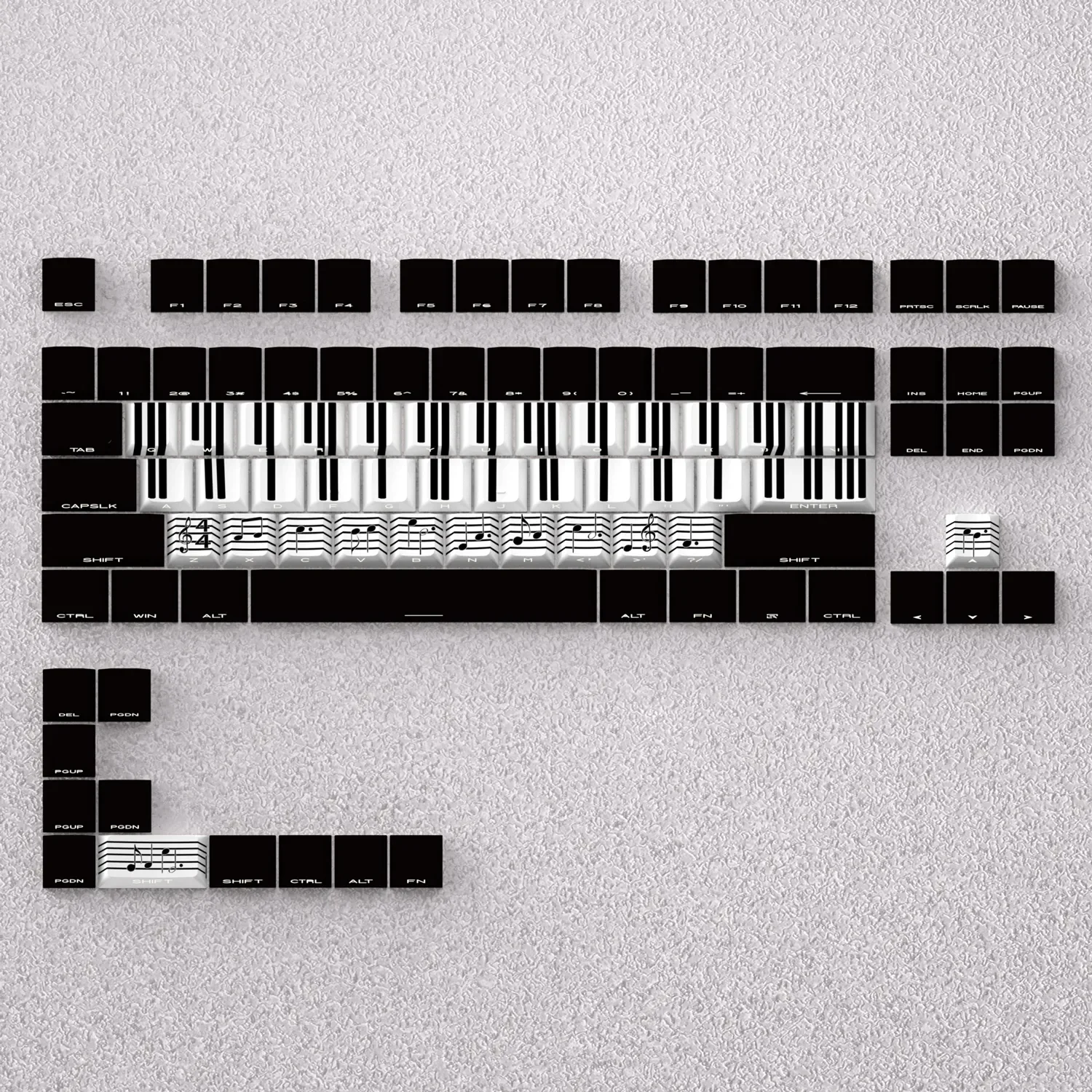 Castle in the Sky Musical Note Cherry Keycap Set display, PBT side-lit, featuring ethereal piano key and musical artistic touch designs.