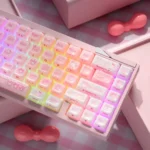 Playful My Melody Keycaps Set in pink and white jelly, side-engraved. Multiple views showcase magnetic switch compatibility.