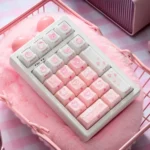 A charming gallery showcasing My Melody keycaps set: pink and white jelly side-engraved for magnetic switches, featuring adorable character details.