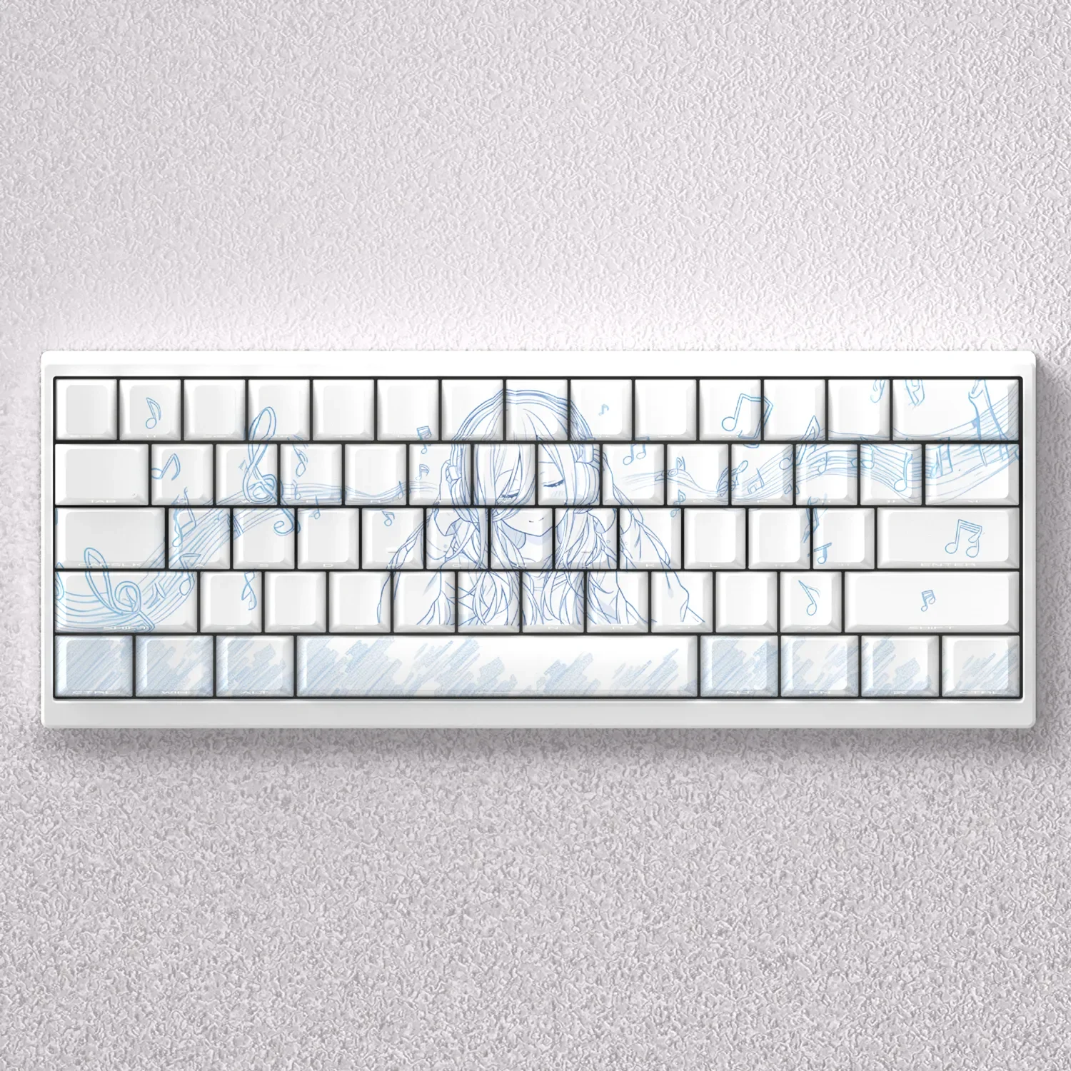 Miku Nakano Keycap Set with side-engraved, light-transmitting characters, offering a unique aesthetic for custom mechanical keyboards.