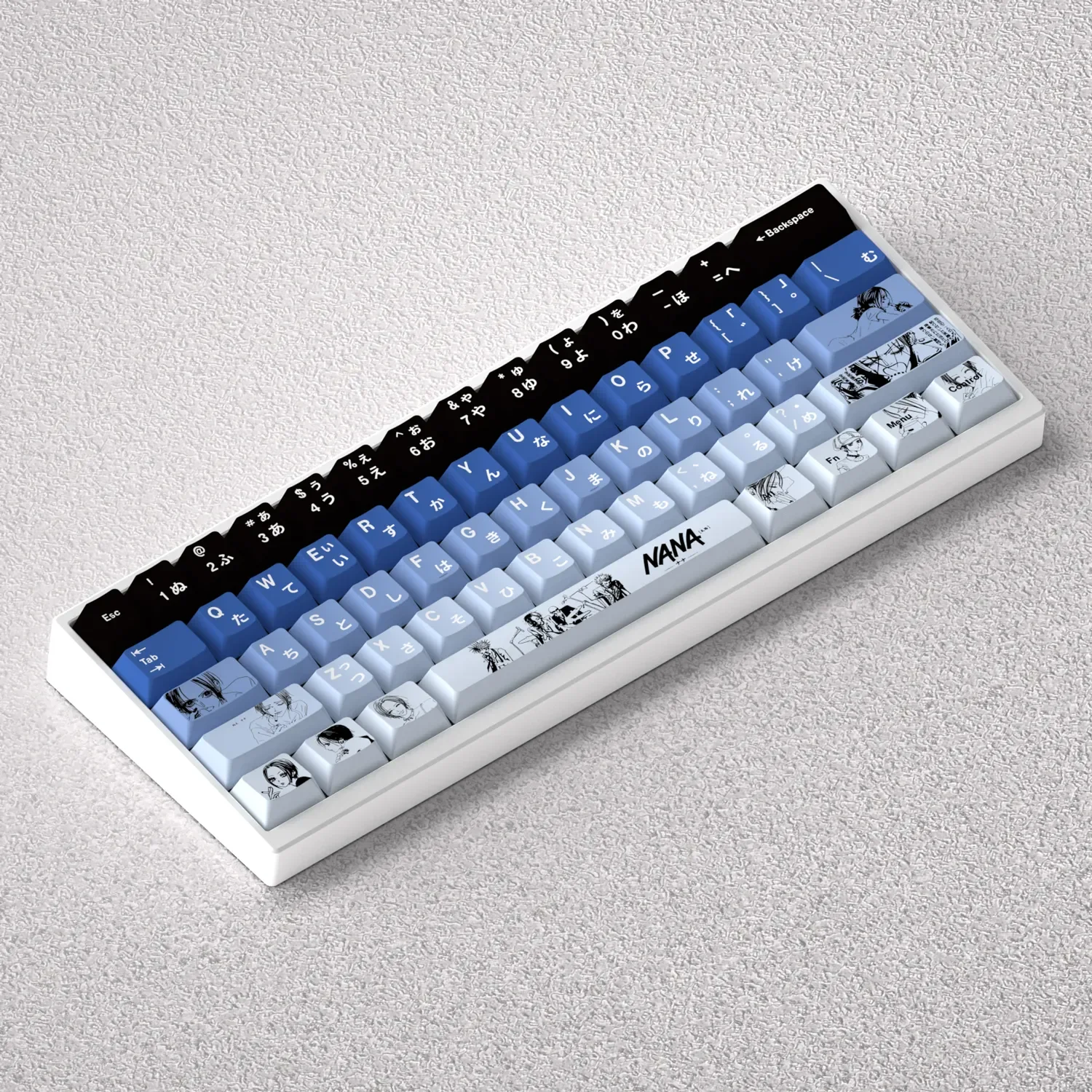 NANA Keycaps Set collection presented from various angles, revealing iconic anime art, a bold punk aesthetic, and durable PBT material for a true rebel design.