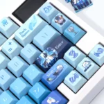 Exclusive Genshin Impact Neuvillette Hydro PBT dye-sub keycaps set, elegantly showing blue and white character art from multiple angles.