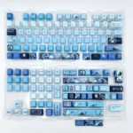 Detailed views of the Neuvillette keycaps set, revealing the intricate Hydro PBT dye-sub artistry and vibrant Genshin Impact character designs in blue and white.
