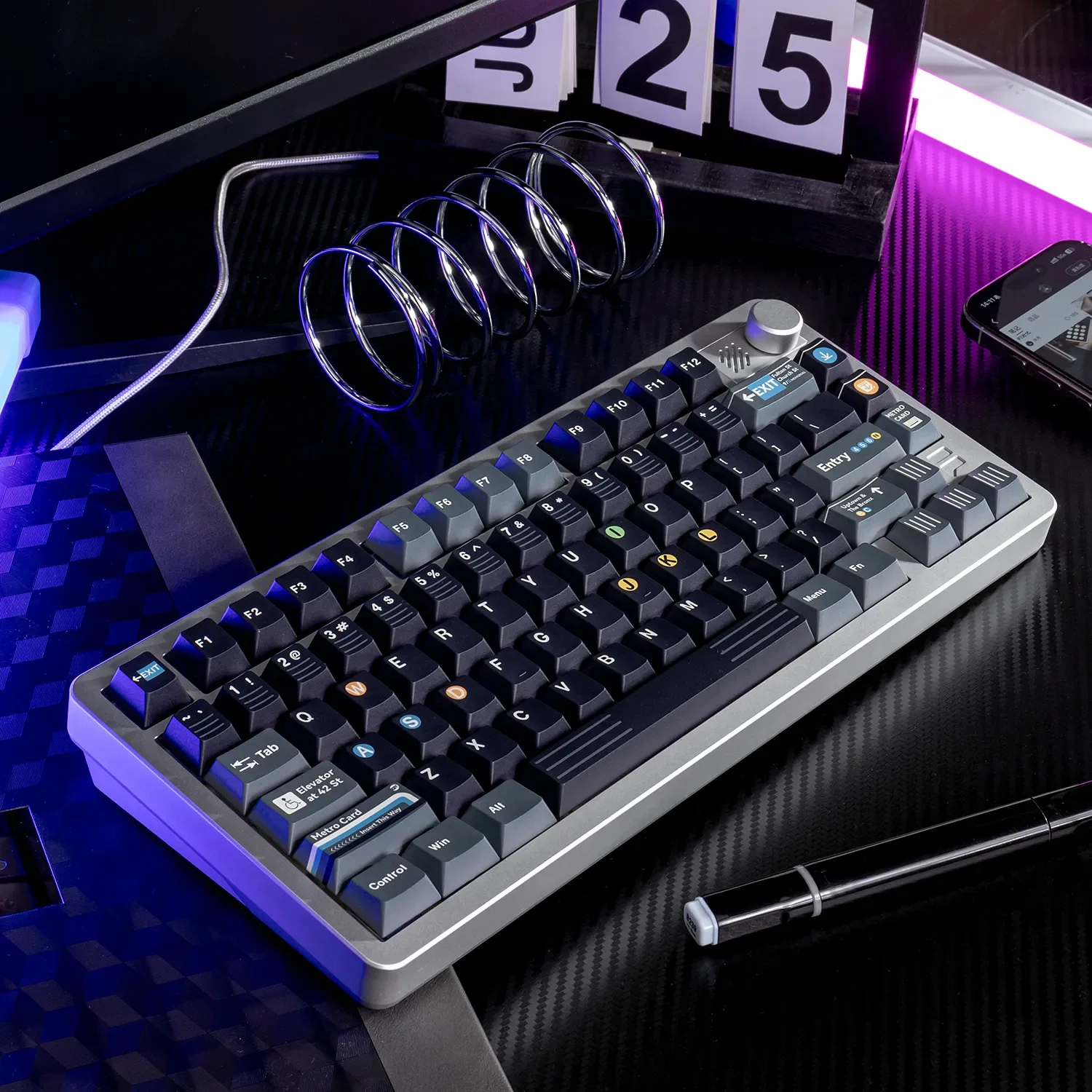 Gallery view of New York Subway PBT dye-sub keycaps set, showcasing iconic typography and durable legends from various angles, ideal for custom keyboards.