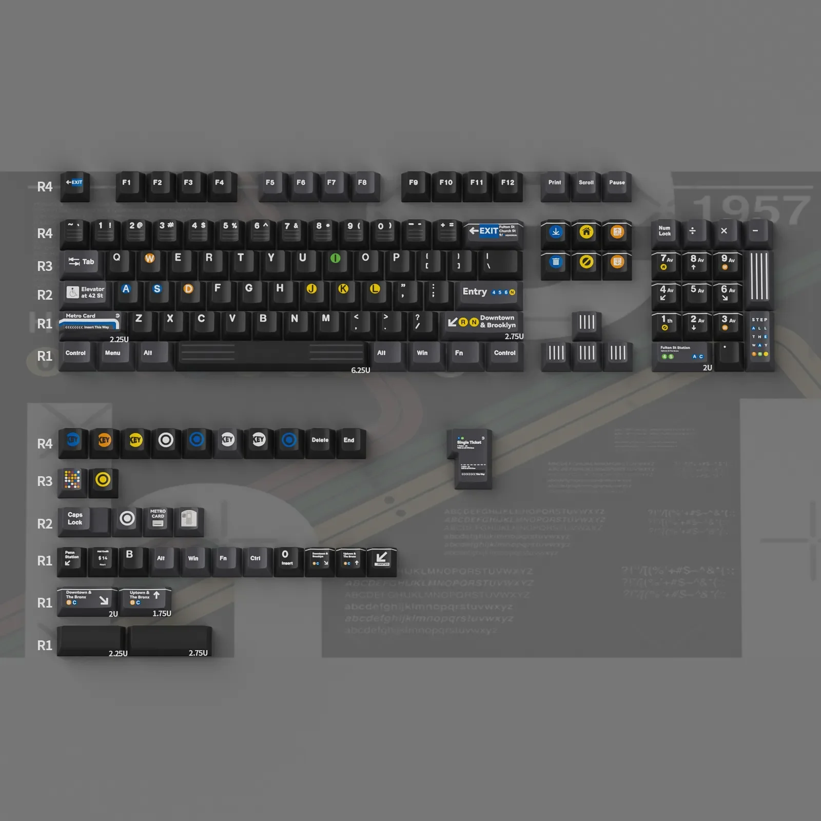 New York Subway PBT dye-sub keycaps set arranged, showcasing iconic NYC iconography and bold typography in black and vibrant accent colors for a premium design.