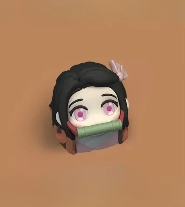 Nezuko Keycap: Vibrant 3D sculpted Demon Slayer artisan keycap shown from multiple angles, highlighting its intricate, iconic design.