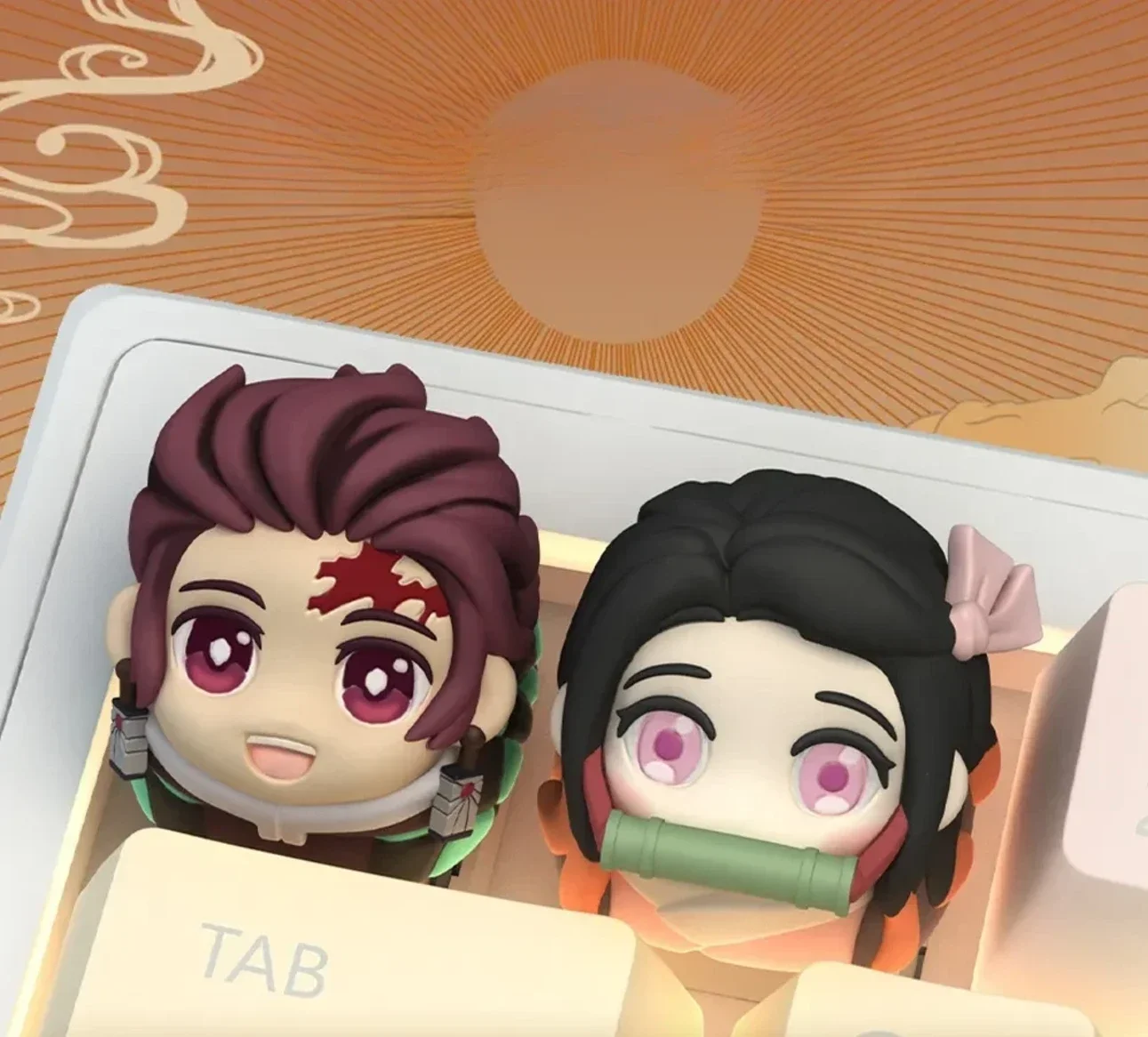 Experience the full artistry of the Nezuko Keycap with various perspectives, revealing its vibrant 3D sculpture and unique Demon Slayer details for view.