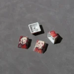 Detailed view of vibrant Genshin Impact dye-sub PBT accent keycaps, revealing intricate anime character art and premium vivid colors from a unique perspective angles.