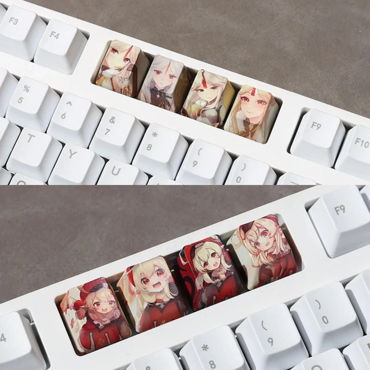 Vibrant Genshin Impact dye-sub PBT accent keycaps showcase detailed anime character art, offering a premium and playful keyboard upgrade.