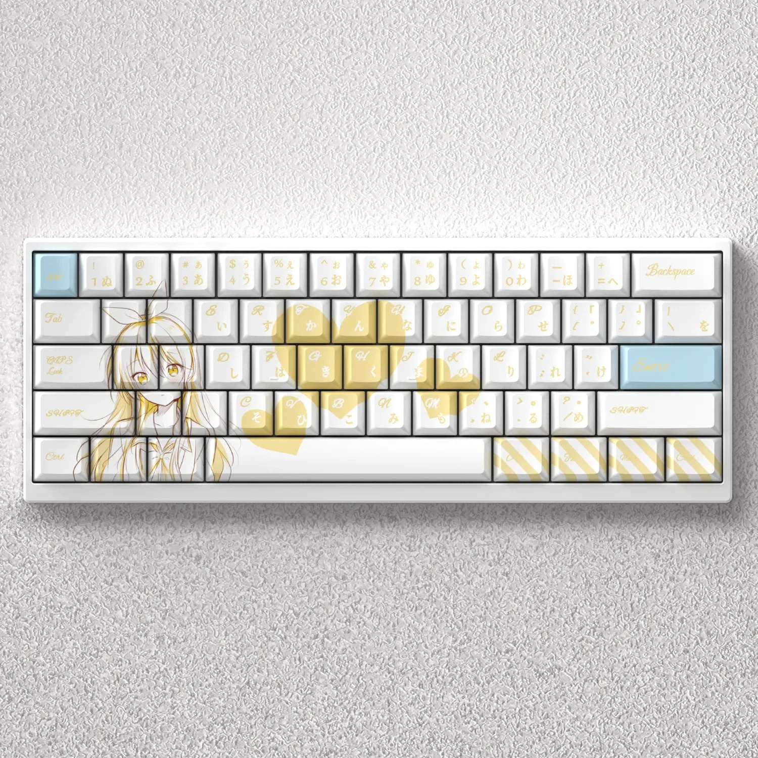 Exclusive Nisekoi Kirisaki Chitoge PBT keycap set displayed, featuring vibrant anime character art for 60% mechanical keyboards.