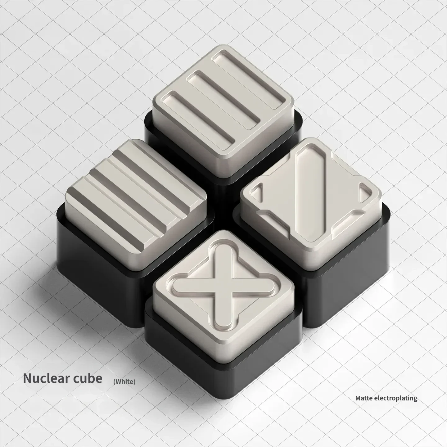 Nuclear Cube Series Keycaps gallery displaying its precise geometric, high-contrast industrial alloy texture from varied perspectives.
